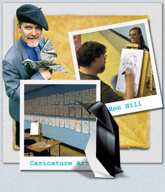 Ron Hill Caricature Artist with Origami Penguin