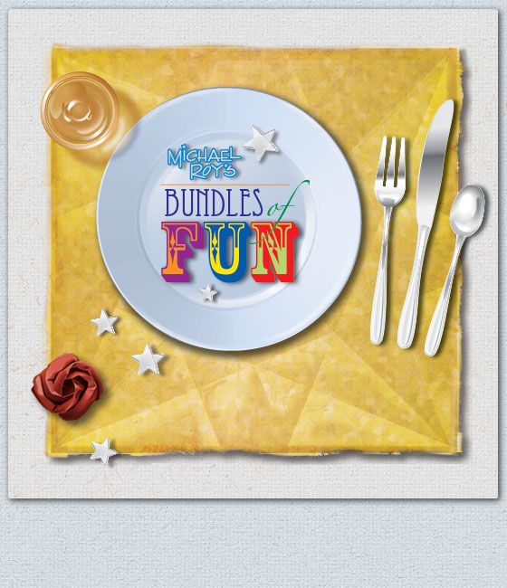 Michael Roy's Bundles of Fun logo with stem glass, plate, fork, knife, spoon, origami stars, and rose on top of square of parchment paper. Michael Roys Bundles of Fun width=
